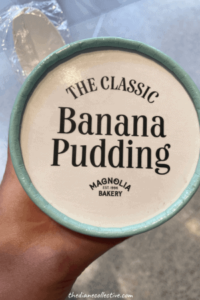 A container of classic banana pudding from Magnolia Bakery in Midtown NYC.