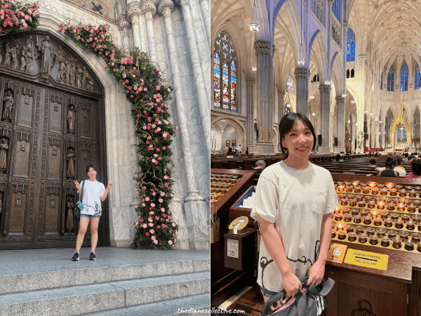 A woman stands with flowers in front of and inside St. Patrick's Cathedral in Midtown New York.