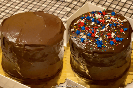 Two chocolate cakes showcasing a delicious and glossy frosting with one cake adorned with colorful sprinkles on top